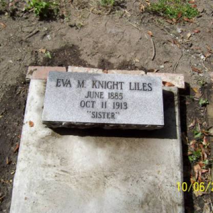 Find A Grave, database and images (https://www.findagrave.com/memorial/89503258/eva-mae-liles : accessed 1 March 2018), memorial page for Eva May (Knight) Liles (1885-1913), Memorial no. 89503258, created by Eileen Babb McAdama, managed by Glenda Smith. citing Cedar Ridge Cemetery, Macon, Bibb County, Georgia; accompanying photographs by Dennis “Popeye” Roland.