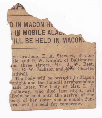Details of Mrs. L.J. Callaway's funeral, Macon (GA) paper unknown, circa 12 October 1913, newspaper clipping remnant privately held by M. Crymes.