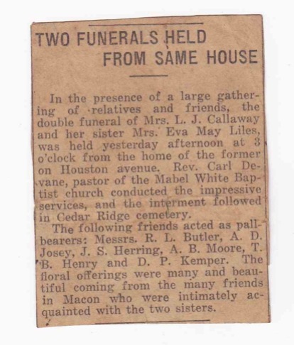 "Two Funerals Held From Same House," Macon (GA) newspaper unknown, circa 14 October 1913, newspaper clipping, privately held by M. Crymes.