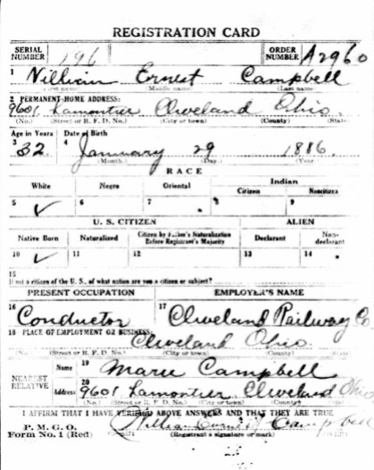 William Ernest Campbell's WWI draft card, side one